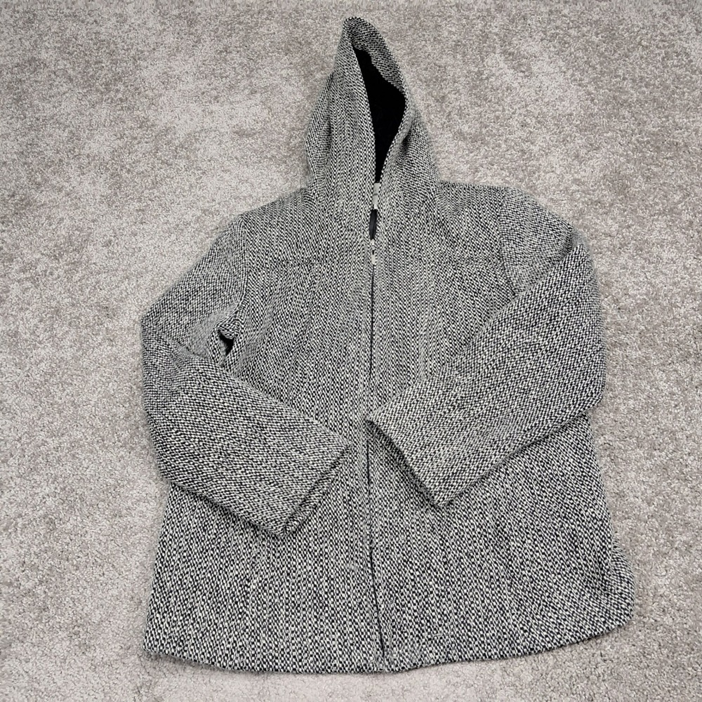 Croft & Barrow Womens Black White Wool Blend Hooded Zip Up Tweed Jacket Large‎